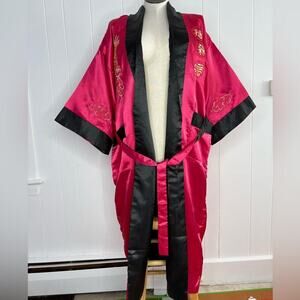 Reversible Satin Japan Belted Kimono Robe - Dragon Embroidered Red Black Long